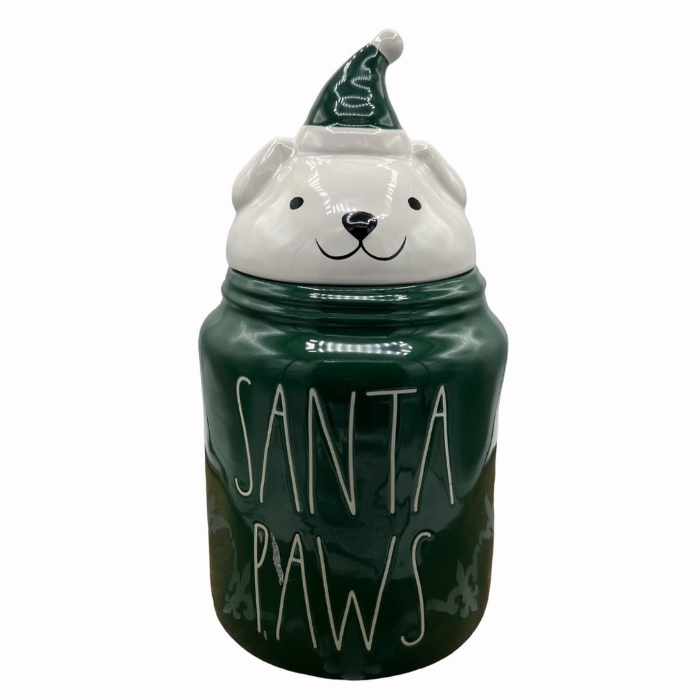 Rae Dunn by Magenta Green Santa Paws Christmas Treat Canister Container Puppy Li